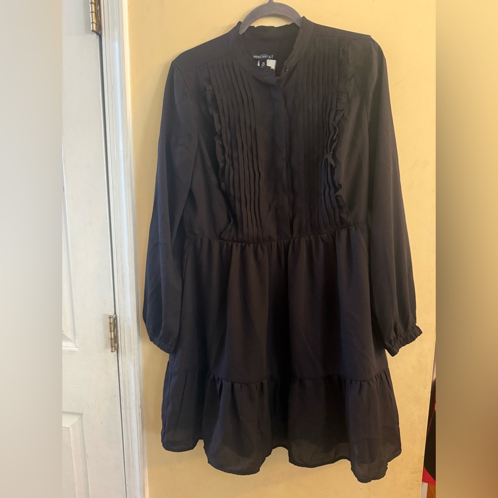 J Crew Mercantile Pintuck Ruffle Black Long Sleeve Dress, Size 10